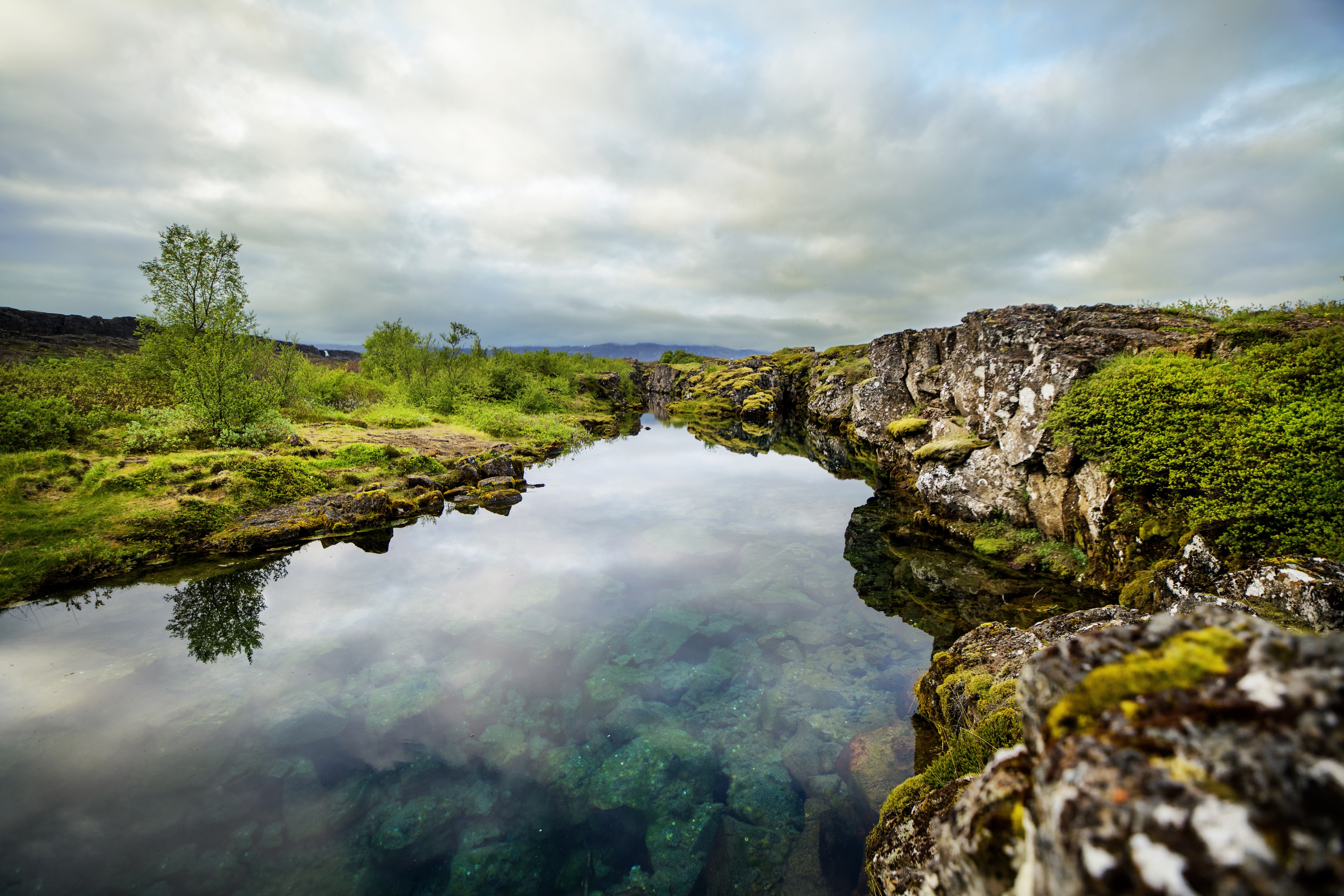 A beautiful Iceland landscape in summer, hills in the background.